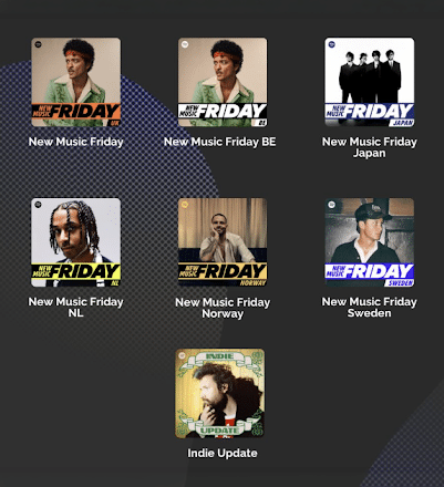 A grid of seven Spotify playlist covers, each labeled with a regional "New Music Friday" title—plus one "Indie Update" cover—featuring various artist photos, including Protoje Case Study.