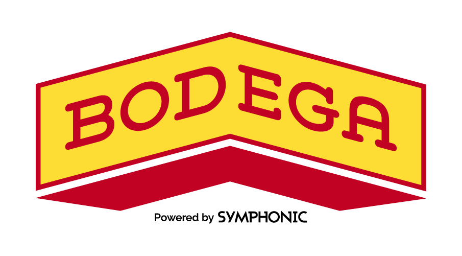 A yellow and red sign with the word "BODEGA" in bold red letters, designed in the shape of an upward-pointing chevron—perfect for adding a pop of color to any sync licensing project.