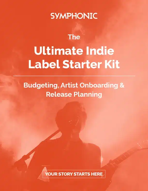 Orange-toned image of a musician performing with guitar and microphone, overlaid text reads: “The Ultimate Indie Label Starter Kit. Budgeting, Artist Onboarding & Release Planning.” Perfect for those seeking music industry guides to launch their own success story.